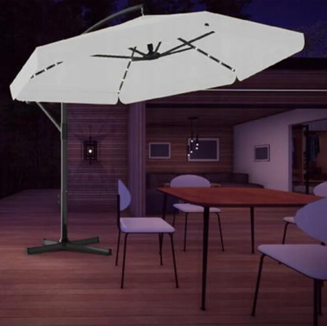 Záhradný slnečník s ochranným obalom a LED osvetlením – sivý