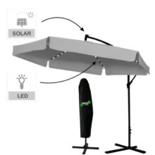 Záhradný slnečník s ochranným obalom a LED osvetlením – sivý