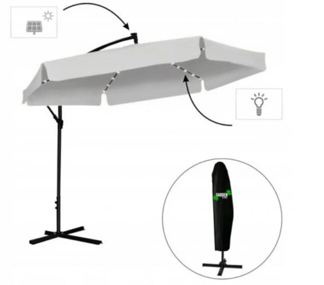 Záhradný slnečník s ochranným obalom a LED osvetlením – sivý