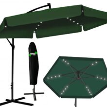 Záhradný slnečník 3 × 3 m so solárnym LED osvetlením – zelený