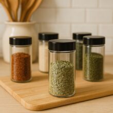 Stojan na koreniny ROTOR BLACK – 20 sklenených nádobiek a 72 štítkov