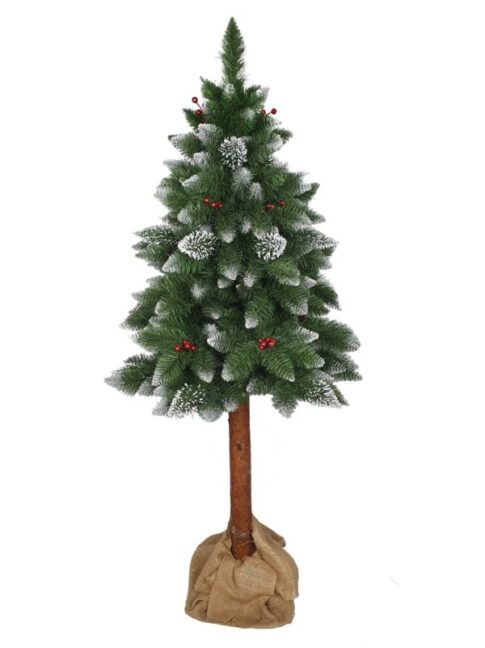 Umelý vianočný stromček Denver PREMIUM s kmeňom 180cm – zasnežený efekt, červené korálky