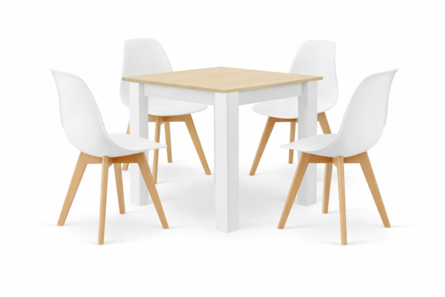 Jedálenský set: Stôl NP 80×80 cm sonoma/biela + 4 ks KITO stoličky, čierna/prírodné nohy