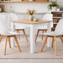 Jedálenský set: Stôl NP 80×80 cm sonoma/biela + 4 ks KITO stoličky, čierna/prírodné nohy