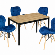 Jedálenská zostava: TESSA 120×60 artisan dub/čierne nohy + 4 ks LAGO stoličky zamatové modré/prírodné nohy
