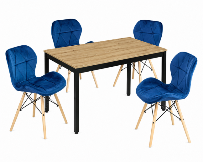 Jedálenská zostava: TESSA 120×60 artisan dub/čierne nohy + 4 ks LAGO stoličky zamatové modré/prírodné nohy