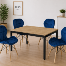 Jedálenská zostava: TESSA 120×60 artisan dub/čierne nohy + 4 ks LAGO stoličky zamatové modré/prírodné nohy