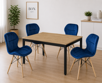 Jedálenská zostava: TESSA 120×60 artisan dub/čierne nohy + 4 ks LAGO stoličky zamatové modré/prírodné nohy