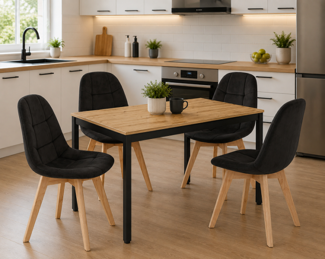 Jedálenská zostava: TESSA 120×60 artisan dub/čierne nohy + 4 ks BORA stoličky zamatové čierne/prírodné nohy