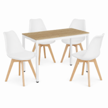 Jedálenský set: TESSA 120×60 cm dub/biela + 4 ks OSLO stoličky biele/prírodné nohy