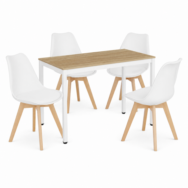 Jedálenský set: TESSA 120×60 cm dub/biela + 4 ks OSLO stoličky biele/prírodné nohy