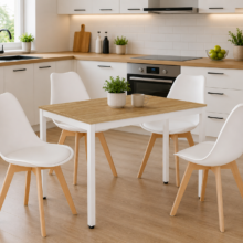 Jedálenský set: TESSA 120×60 cm dub/biela + 4 ks OSLO stoličky biele/prírodné nohy