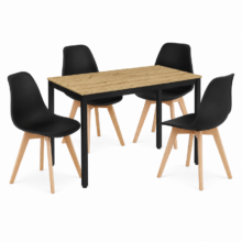 Jedálenská zostava: TESSA 120×60 artisan dub/čierne nohy + 4 ks KITO stoličky biele/prírodné nohy