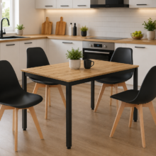 Jedálenská zostava: TESSA 120×60 artisan dub/čierne nohy + 4 ks KITO stoličky biele/prírodné nohy