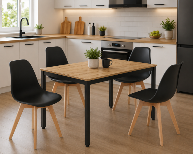 Jedálenská zostava: TESSA 120×60 artisan dub/čierne nohy + 4 ks KITO stoličky biele/prírodné nohy