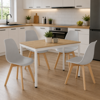 Jedálenský set: TESSA 120×60 cm dub/biela + 4 ks KITO stoličky sivé/prírodné nohy