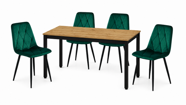 Jedálenská zostava: TESSA 120×60 artisan dub/čierne nohy + 4 ks DORA stoličky tmavozelené/čierne nohy