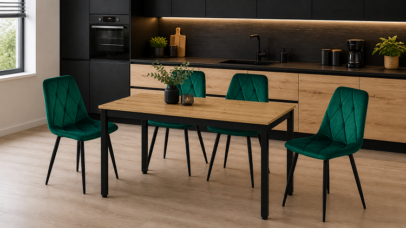 Jedálenská zostava: TESSA 120×60 artisan dub/čierne nohy + 4 ks DORA stoličky tmavozelené/čierne nohy