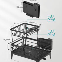 Dvojúrovňový sušič riadu s 360° odtokom, čierny