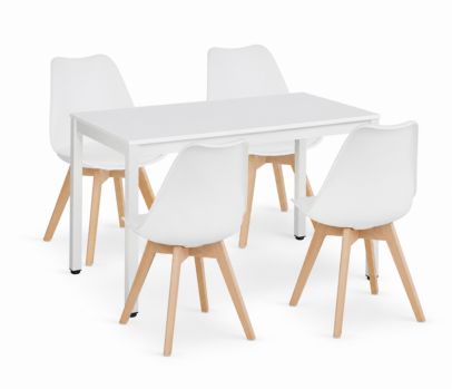 Jedálenský set: TESSA 120×60 cm biely/biely + 4 ks OSLO stoličky biele/prírodné nohy