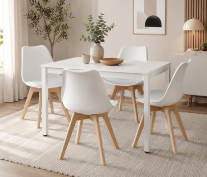 Jedálenský set: TESSA 120×60 cm biely/biely + 4 ks OSLO stoličky biele/prírodné nohy