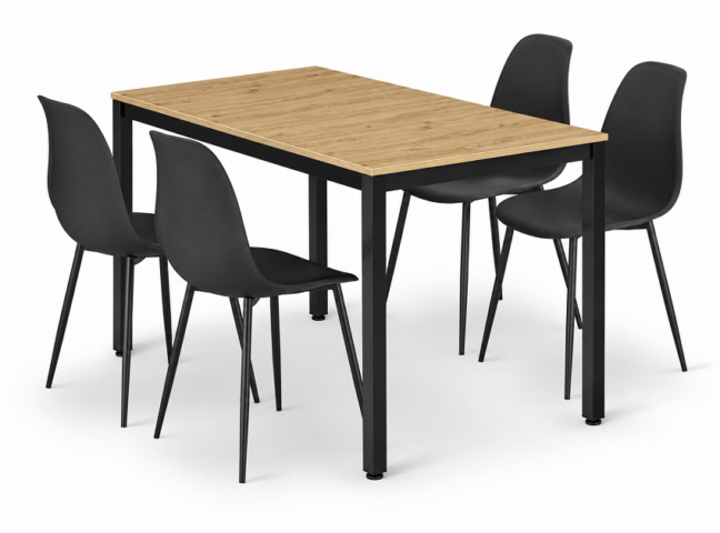 Jedálenský set:  TESSA 120×60 dub artisan/čierny + 4x stolička WAT, čierna/čierne nohy