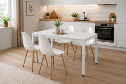Jedálenský set: TESSA 120×60 cm biely/biely + 4x WAT stoličky biele/prírodné nohy