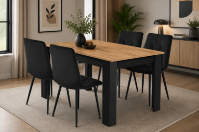 Jedálenský set: NP 120×80 cm dub craft/čierna + 4 ks stoličiek DORA čierna/čierne nohy