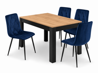 Jedálenský set: NP 120×80 cm dub craft/čierna + 4 ks stoličiek DORA tmavomodrá/čierne nohy