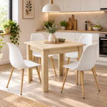 Jedálenský set: Stôl NP 80×80 cm sonoma + 4 ks WAT stoličky, biele/prírodné nohy
