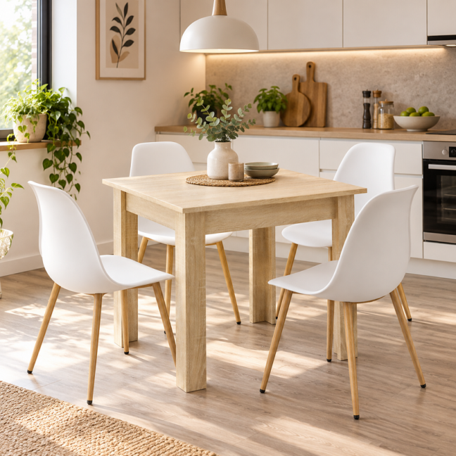 Jedálenský set: Stôl NP 80×80 cm sonoma + 4 ks WAT stoličky, biele/prírodné nohy