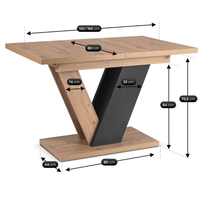CLARK rozkladací jedálenský stôl 120–160 cm, dub artisan / čierna