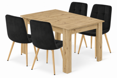 Jedálenská zostava: NP 120×80 cm artisan dub + 4 ks KARA jedálenská stolička, čierny zamat/prírodné nohy