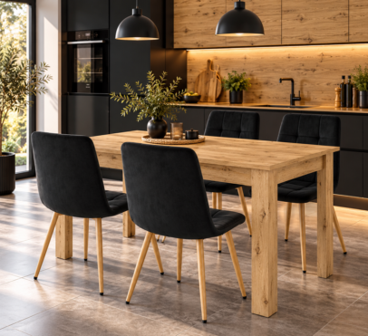 Jedálenská zostava: NP 120×80 cm artisan dub + 4 ks KARA jedálenská stolička, čierny zamat/prírodné nohy