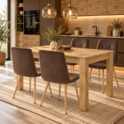 Jedálenská zostava: NP 120×80 cm artisan dub + 4 ks KARA jedálenská stolička, hnedá zamatová/prírodné nohy