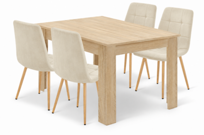 Jedálenská zostava: NP 120×80 cm sonoma + 4 ks KARA jedálenská stolička, krémová zamatová/prírodné nohy