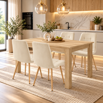 Jedálenská zostava: NP 120×80 cm sonoma + 4 ks KARA jedálenská stolička, krémová zamatová/prírodné nohy