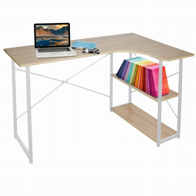Rohový písací stôl v tvare L (biely kovový rám)